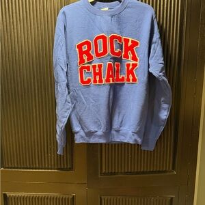 Champion Royal Blue Crewneck with KU Red “Rock Chalk" Graphic